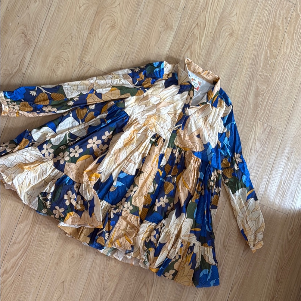 Floral Button-Up Dress with Blue and Beige